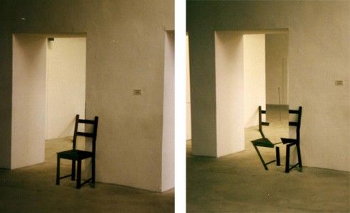 To the left, a wooden chair in an empty room. To the right, a chair that appears fragmented and disjointed.